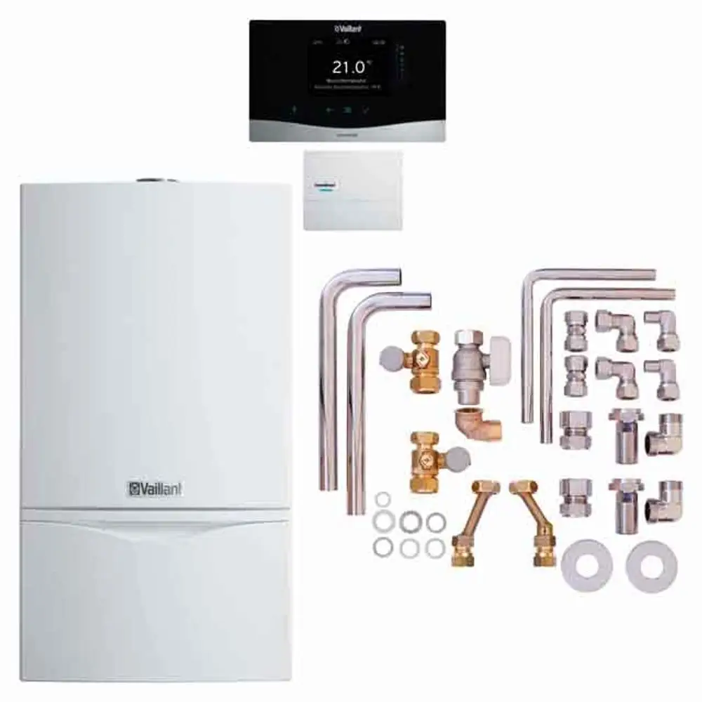 Vaillant Heizgerät mit Zubehör, einschließlich Rohren, Ventilen und einer Steuerungseinheit, angeordnet auf einem weißen Hintergrund.